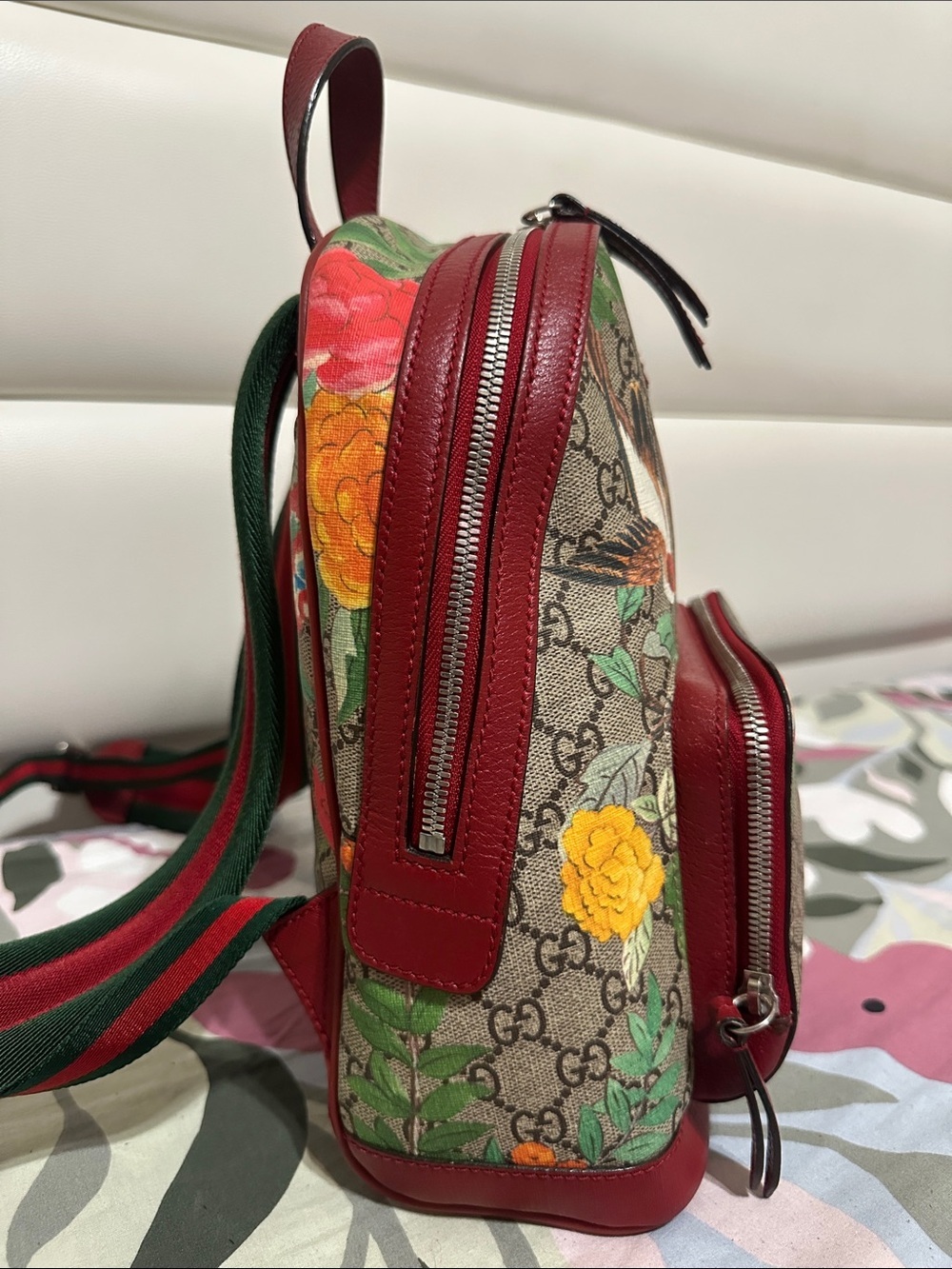 Gucci GG Canvas Backpack with Red Trim and Multicolor Floral Print - Picture 5 of 15